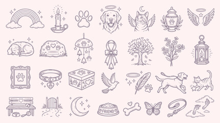 A collection of delicate line art illustrations depicting symbols of pet remembrance and grief, including rainbows, candles, paw prints, and angelic motifs. © KN collection