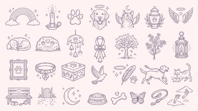 A collection of delicate line art illustrations depicting symbols of pet remembrance and grief, including rainbows, candles, paw prints, and angelic motifs.