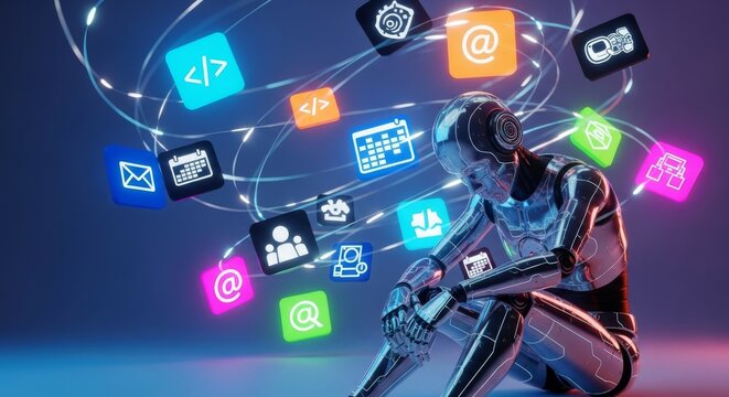A sleek chrome robot sits overwhelmed by a vortex of glowing digital icons signifying incomplete projects and various pending work duties, metallic, concept, reality
