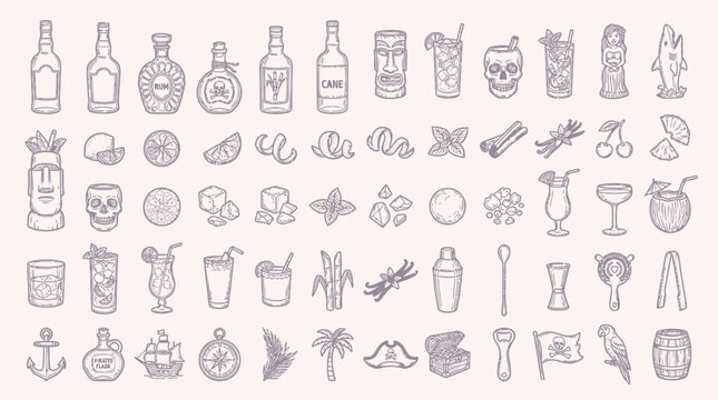 A comprehensive collection of hand-drawn illustrations featuring tropical cocktails, barware, and pirate-themed elements, perfect for design projects.
