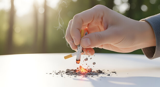 Person's hand crushing burning cigarettes to quit smoking, symbolizing healthy lifestyle and addiction freedom, outdoor sunlight
