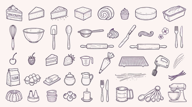 A comprehensive collection of hand-drawn illustrations depicting various baking ingredients, tools, and finished desserts, presented in a clean, line-art style on a textured background.