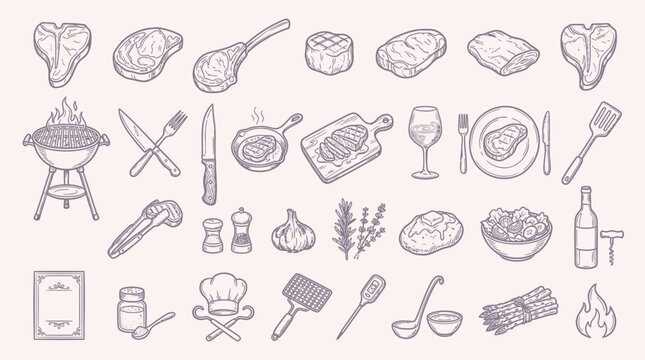 A detailed collection of hand-drawn illustrations depicting various cuts of meat, grilling equipment, cooking utensils, and accompanying food items, presented in a vintage sketch style.