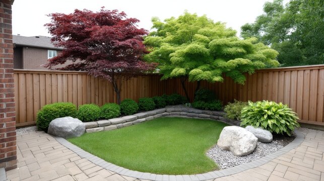 Tranquil Japanese-Inspired Garden with Green Lawn, Stone Pathway, and Colorful Trees in Peaceful Residential Setting