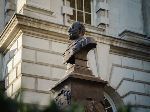 Belfast, Northern Ireland, United Kingdon, 30th October 2025, William James Pirrie Statue Bust, chairman of Harland and Wolff Shipbuilders