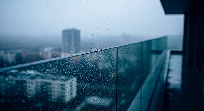 A somber atmosphere captures raindrops falling against a glass railing on a high-rise balcony overlooking a gloomy, mist-covered urban view, architecture, balcony, city