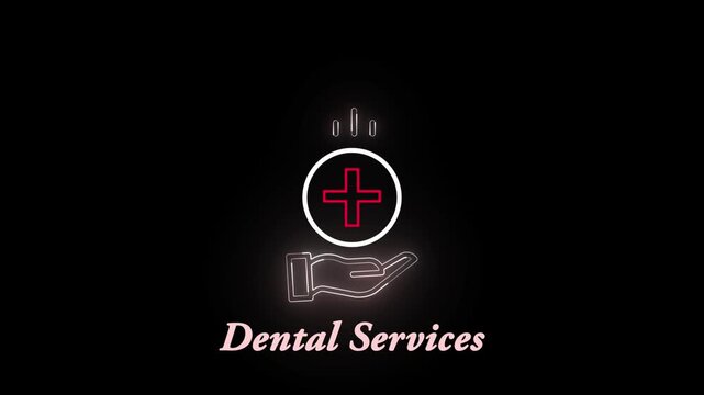 Red cross icon in circle above open hand with falling pills, neon outline