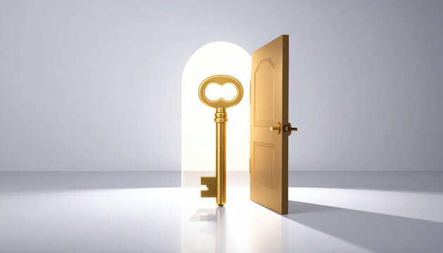 A golden key unlocking a new opportunity, the open door symbolizes endless possibilities 
