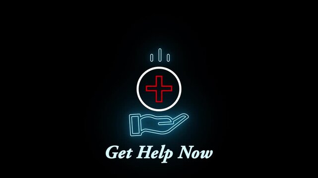 Animated hand holding plus sign icon in neon blue on black background medical