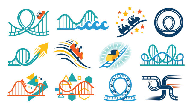Collection of stylized roller coaster icons and illustrations depicting various thrilling rides and amusement park attractions.