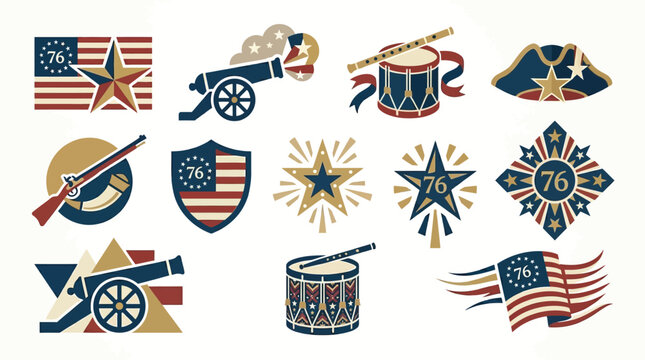 Collection of American Revolutionary War themed icons featuring flags, cannons, drums, muskets, and patriotic symbols like stars and eagles.
