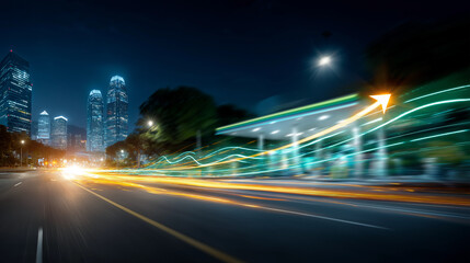 Fototapeta premium Fueling Growth: A dynamic shot capturing the essence of progress, with blurred light trails of passing cars, symbolizing the forward movement of a city's fuel station, illuminated at night. 