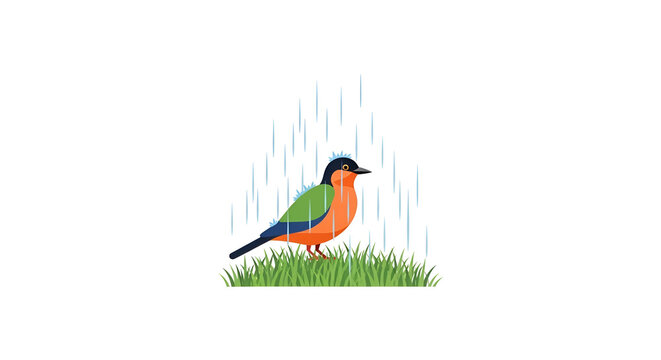 Pixel art of a small bird standing on grass in the rain, a simple illustration in muted colors