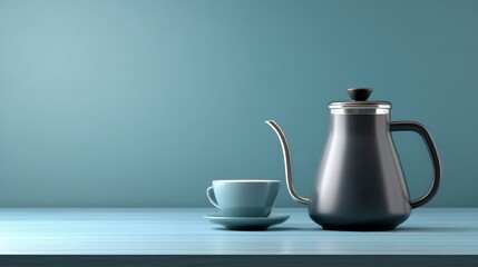 Fototapeta premium Elegant black kettle and light blue cup on wooden table against soft blue background creating a minimalist and modern aesthetic for food and beverage photography