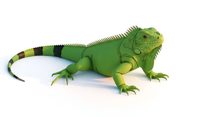 Fototapeta premium Green iguana reptile with black rings on tail, isolated on a clean white background, detailed scales and spines, tropical wildlife concept