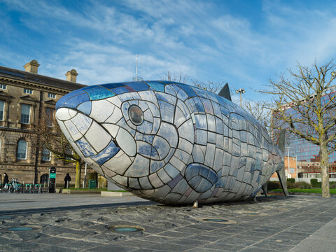 Belfast, Northern Ireland, United Kingdon, 30th October 2025, Salmon of Knowledge Fish Sculpture by the Rver Lagan