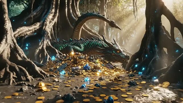 Fantasy scene of a dragon resting on a pile of gold coins in a forest.