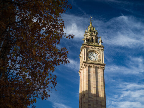 Belfast, Northern Ireland, United Kingdon, 30th October 2025, Albert Memorial Clock in Queens Square