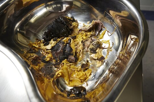 Debridement Specimen with Necrotic Tissue Removal in Stainless Steel Tray