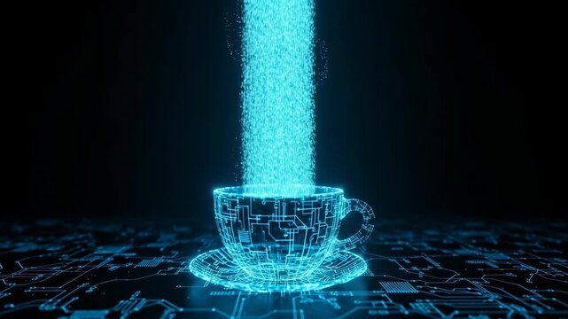 Neon-lit Teacup Pouring Stream Of Blue Light Onto Circuit Board Data Intelligence Technology With Dark Background Its For Modern Tech Concepts