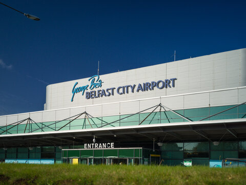 Belfast, Northern Ireland, United Kingdon, 30th October 2025, signage at main terminal of George Best Belfast City Airport