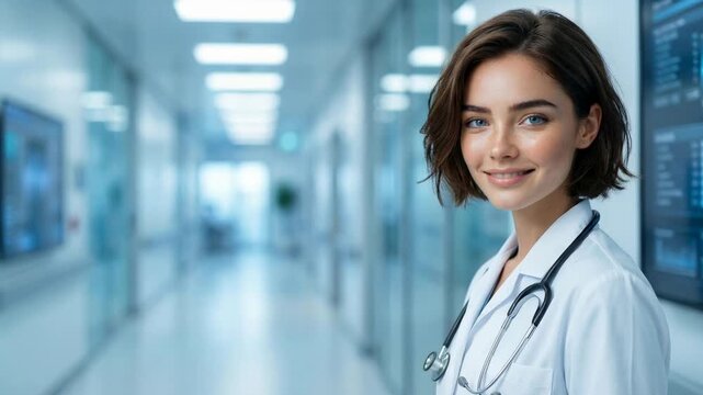 Young woman doctor wearing white coat and stethoscope standing in modern hospital corridor