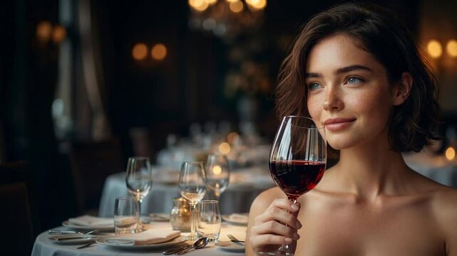 Young woman holding glass of red wine in restaurant with bokeh background and shallow depth of field