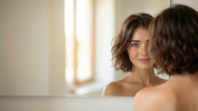 Young woman looking at her reflection in the mirror, medium shot, indoor bathroom setting