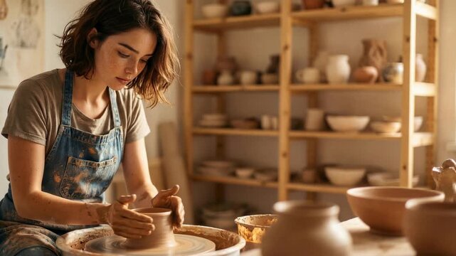 Young woman shaping clay pot on pottery wheel in bright ceramic studio, medium shot, real time