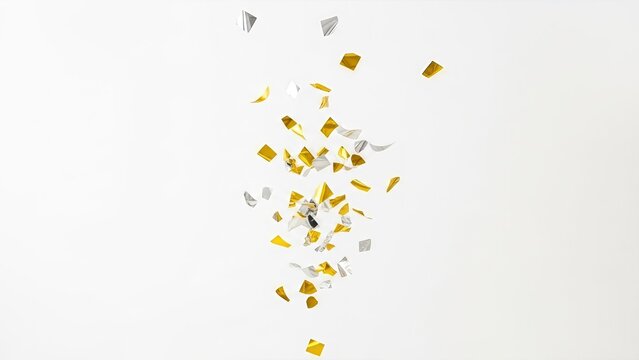Celebratory burst: Shimmering gold and silver confetti cascade against serene white background