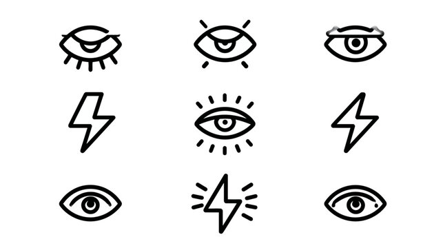 Set of minimalist line art eye and lightning bolt icons. Simple graphic vector symbols for design, web, and UI elements.
