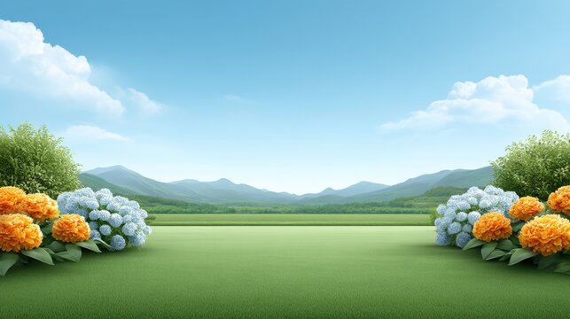 Serene Landscape with Colorful Flowers and Lush Green Grass Under Clear Blue Sky and Gentle Clouds in a Peaceful Natural Setting