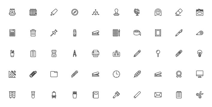 Stationery icon set. Vector illustration pack. Includes backpack, calendar, globe, pencil, scissors, notebook, compass, clock and more. Editable stroke.