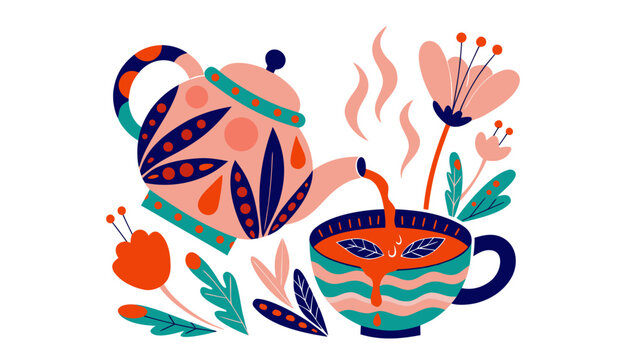 Cartoon vector illustration set of a fun summer food and drink design featuring colorful cups of tea with fruits, coffee, and nature patterns for holiday icons