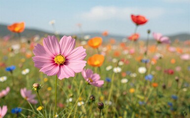 Fototapeta premium A vibrant field of colorful wildflowers under a bright blue sky.