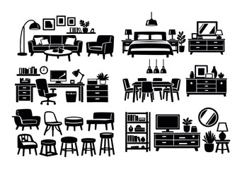 Obraz premium Collection of modern furniture icons and interior objects, depicting various pieces for home, office, bedroom, and dining spaces
