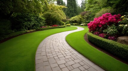 Obraz premium Serene Garden Pathway with Lush Green Grass and Vibrant Flower Beds Along Curved Walkway in a Peaceful Outdoor Setting
