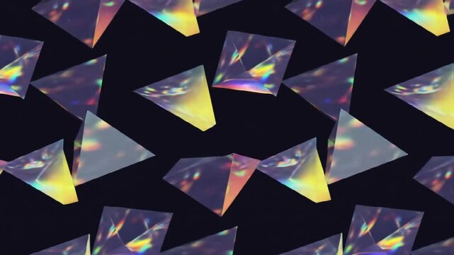 Holographic triangles on black background.