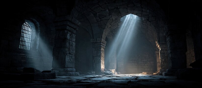 Dark, ancient stone chamber with pillars, arches, and mystical light rays piercing gloom