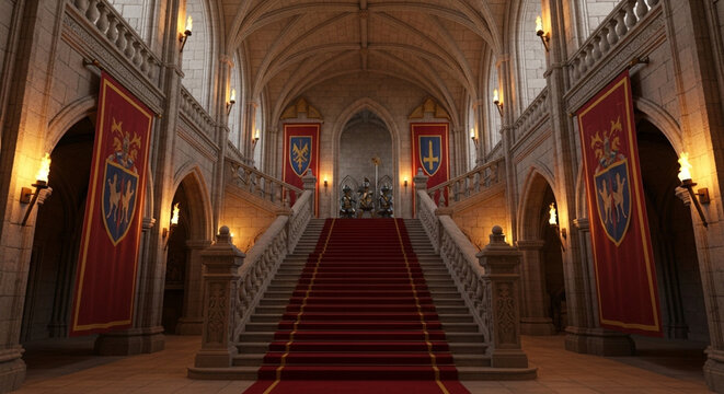 Grand medieval castle hall with red carpeted staircase royal banners and ornate architecture ideal for fantasy or historical themes