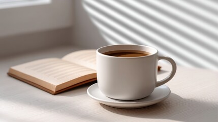 Obraz premium Cozy Scene with Coffee Cup and Open Book on Table with Soft Sunlight and Striped Shadows Creating a Warm Ambiance for Relaxation or Reading