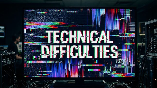 Technical Difficulties Glitch Screen on Monitor in Broadcast Control Room Digital Error Concept