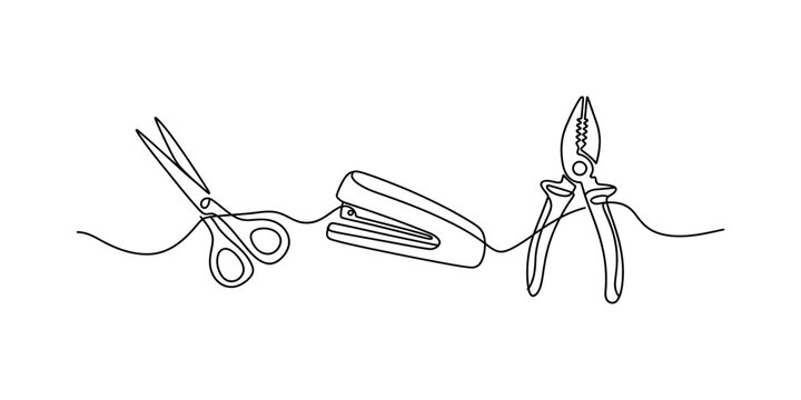 A single continuous line drawing featuring a pair of scissors a stapler and a pair of pliers tool Vector, illustration