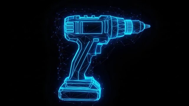 Glowing Digital Illustration Of Power Drill Construction Tool Rendered With Interconnected Lines In Low Poly Style Floating Against Black Backdrop For Technology Themes