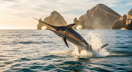 Obraz premium A marlin fish leaps out of water in an ocean scene, with a rocky coastline and dramatic mountains under a clear sky with sunlight.