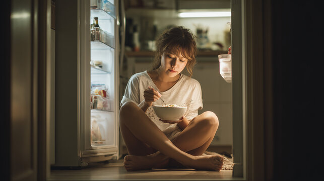 Woman sitting by open fridge eating at night, late snack concept, cozy home lifestyle, quiet moment with soft light and modern kitchen interior.