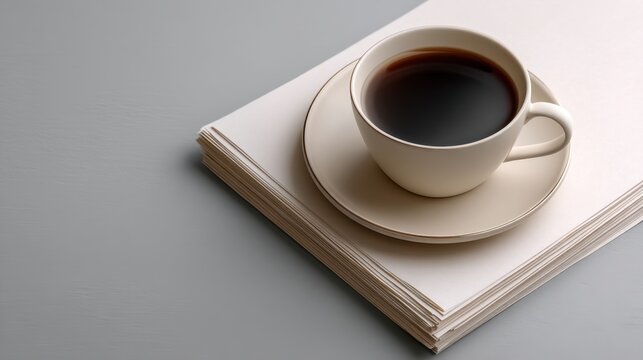 White cup of black coffee on a cream plate positioned on a stack of white paper sheets against a minimalist grey background for a calming workspace atmosphere