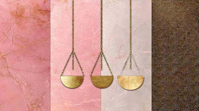 dise&ntilde;o de franjas de color en tonos rosa y cafe con balanzas doradas colgando de arriba con dise&ntilde;o minimalista y simple decorativo y funcional