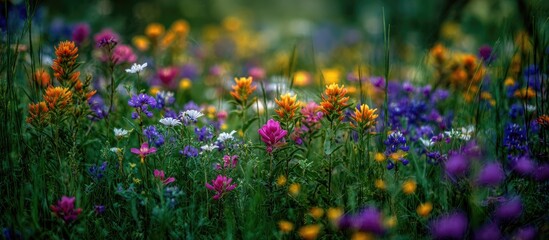 Fototapeta premium A vibrant meadow teeming with diverse colorful wildflowers in a natural setting