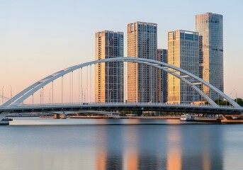 Naklejka premium Tianjin China Skyline Tranquil Urban Panorama at Dusk Modern Architecture Arched Bridge Cityscape Beauty Canal Reflections Travel Destination East Asian Splendor Serene Evening